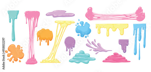 Cartoon sticky slime. Goo liquid slime splatters, mucus splashes. Jelly dripping spots flat vector illustration set on white background photo