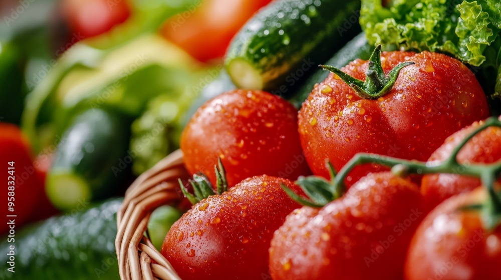 Fresh organic tomatoes, cucumbers, and leafy greens in a basket, showcasing healthy local produce. Ideal for culinary and nutrition concepts. Fresh organic tomatoes, cucumbers, and leafy greens in a basket, showcasing healthy local produce. Ideal for culinary and nutrition concepts.