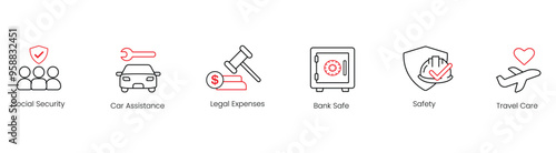 Social Security, Car Assistance, Legal Expenses, Bank Safety, Travel Care Vector Icon Set