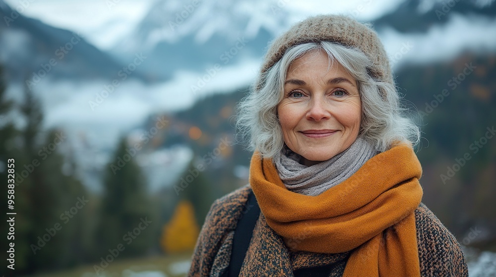 cheerful senior woman in nature on early morning with fog and mountains in background cheerful senior woman in nature on early morning with fog and mountains in background