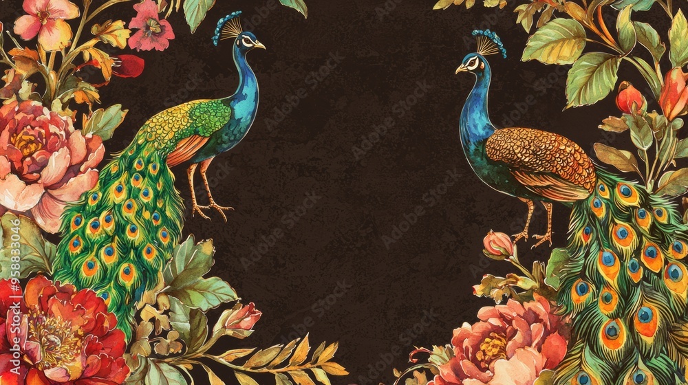 Naklejka premium A peacock frame with watercolor flowers against a black background