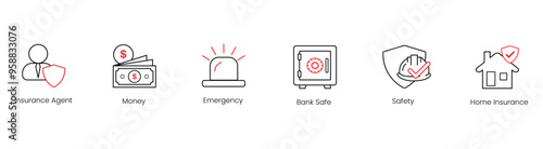 Insurance Agent, Money, Emergency, Bank Safe, Safety, Home Insurance Vector Icon Set