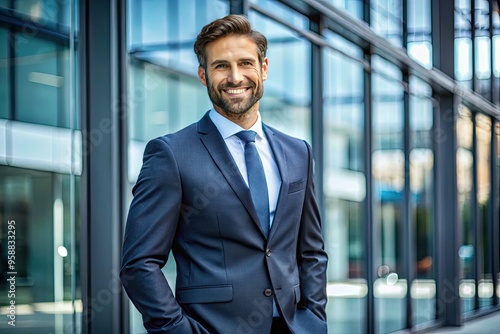 A Professional Businessman Character With A Positive Expression, Wearing A Suit And Tie, Stands Tall In A Confident Pose With A Wide Smile.