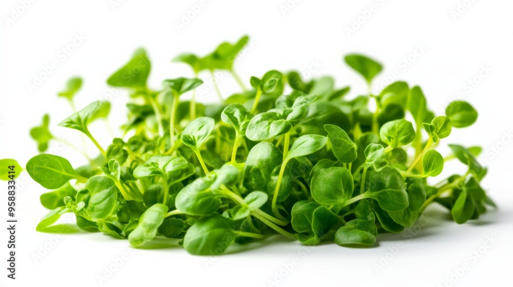 Fresh organic watercress leaves on a white background. Ideal for culinary use in salads, garnishes, and health-focused diets. Fresh organic watercress leaves on a white background. Ideal for culinary use in salads, garnishes, and health-focused diets.