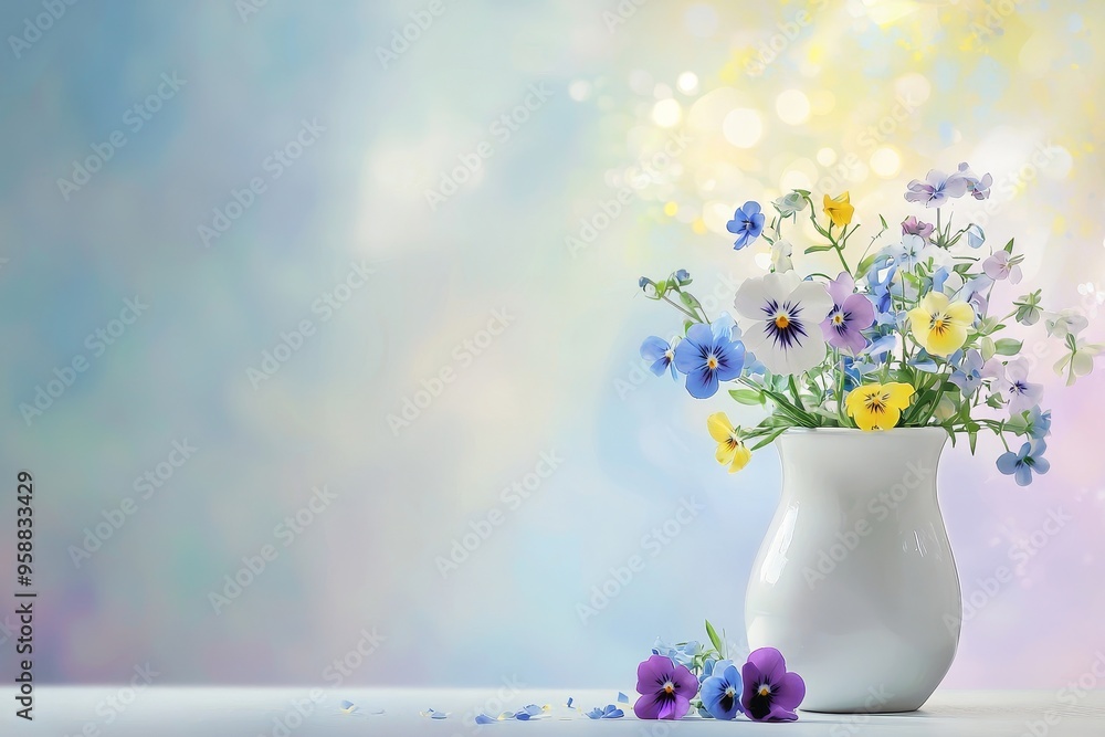 On the table, a vase of pansies and forget-me-nots is arranged in a blurry selective focus. On the table, a vase of pansies and forget-me-nots is arranged in a blurry selective focus.