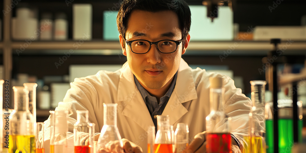Asian scientist working diligently at a laboratory bench Asian scientist working diligently at a laboratory bench