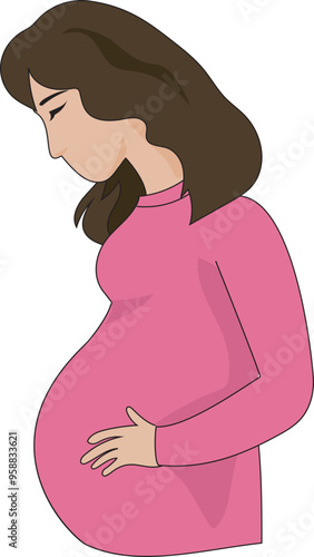 Cartoon pregnant woman illustration on transparent background.

