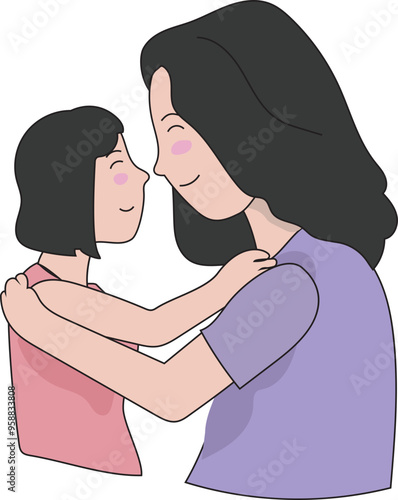 Cartoon mother and daughter illustration on transparent background.

