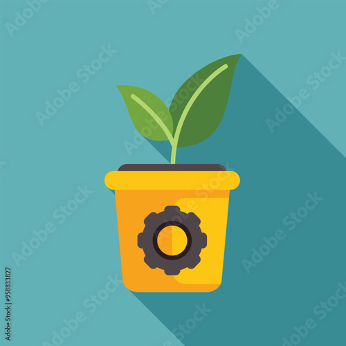Green plant growing from yellow pot with gear representing business development