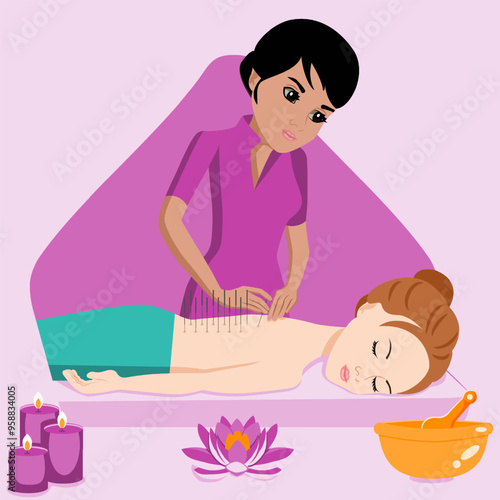 Needle Acupuncture treatment by professional acupuncturist in spa. Isolated flat vector illustration. Indian and European ethnicity.