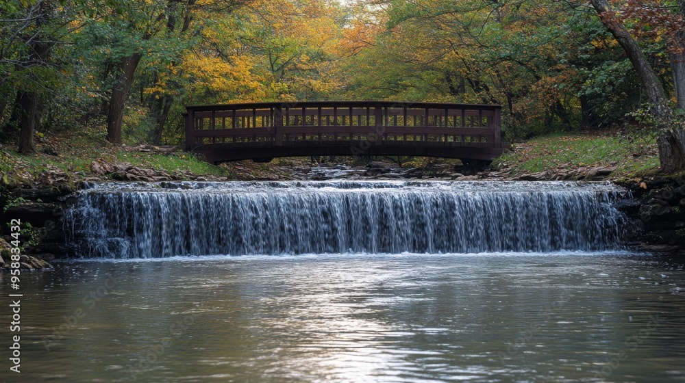 Fototapeta premium Autumn Bridge over Serene Waterfall