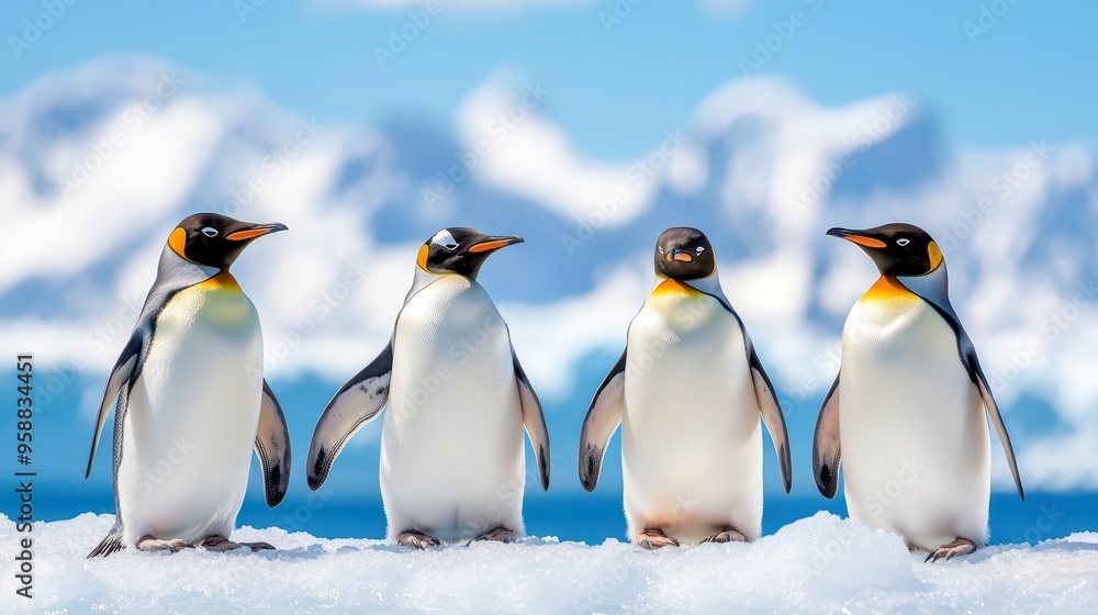 Fototapeta premium Four charming penguins standing together on a snowy landscape with a stunning icy backdrop under a clear blue sky.
