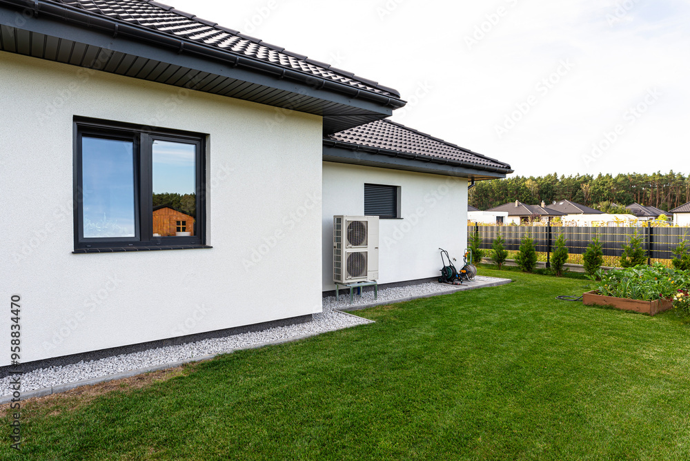 Two efficient outdoor heat pump units placed in front of the house. Two efficient outdoor heat pump units placed in front of the house.