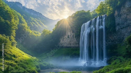 Majestic Waterfall in a Lush Green Valley