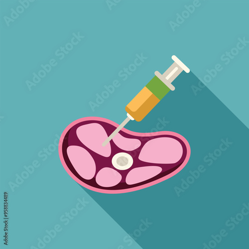 Minimalistic illustration representing a syringe injecting hormones or antibiotics into a slice of meat