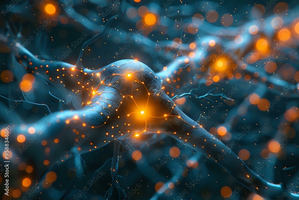 abstract visualization of neural networks with glowing orange and blue connections, representing brain activity, communication, and technology. Perfect for themes of neuroscience, AI, and scientific abstract visualization of neural networks with glowing orange and blue connections, representing brain activity, communication, and technology. Perfect for themes of neuroscience, AI, and scientific
