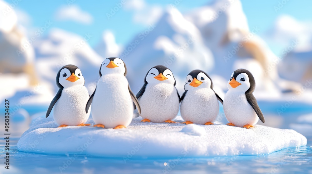 Fototapeta premium Happy and playful penguins gathered on an icy landscape, enjoying their time together in a vibrant, cartoonish style.