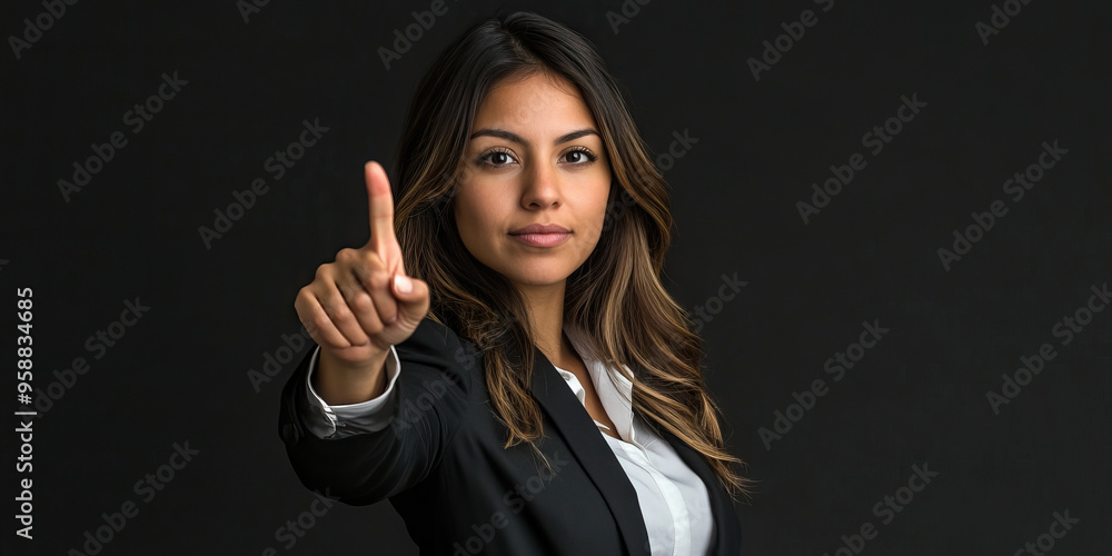 Hispanic lawyer making an important gesture while presenting her case Hispanic lawyer making an important gesture while presenting her case