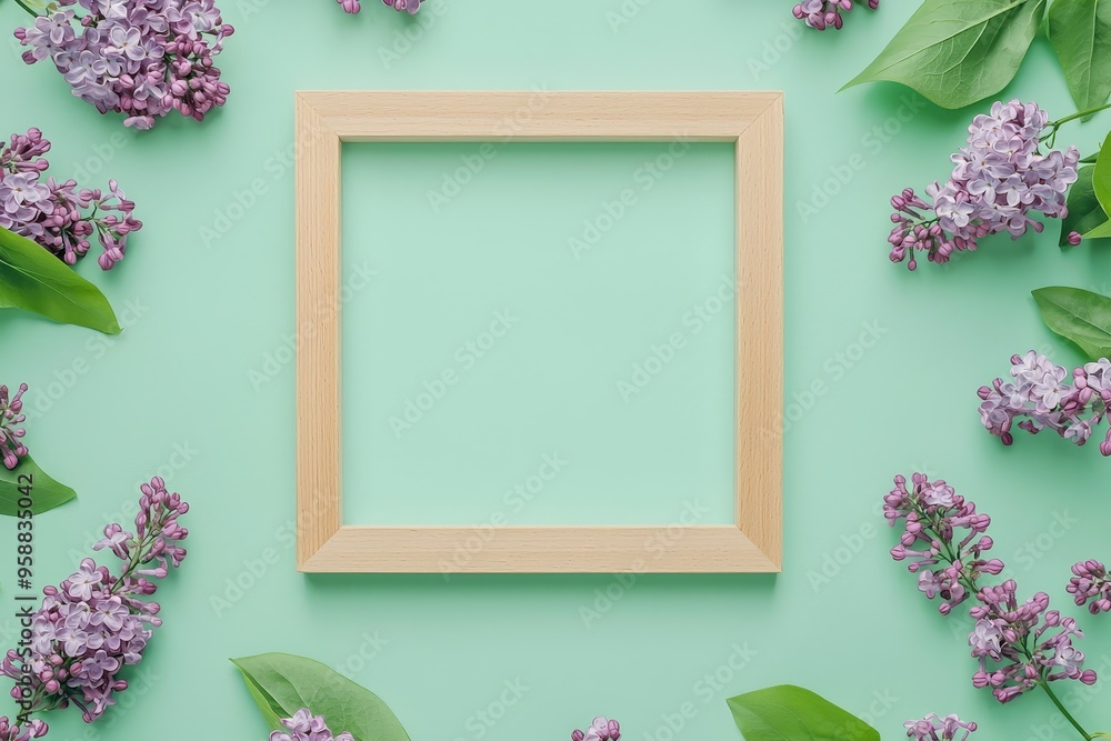On a green background, lilac flowers are arranged in a row with a wooden square for the copy space. A summer, spring floral composition. On a green background, lilac flowers are arranged in a row with a wooden square for the copy space. A summer, spring floral composition.