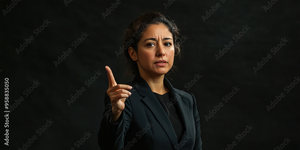 Hispanic lawyer making an important gesture while presenting her case Hispanic lawyer making an important gesture while presenting her case