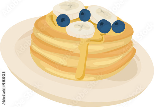 Cartoon blueberry pancakes illustration on transparent background.
