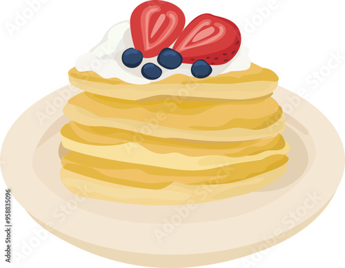 Cartoon strawberry pancakes illustration on transparent background.
