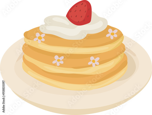 Cartoon strawberry pancakes illustration on transparent background.
