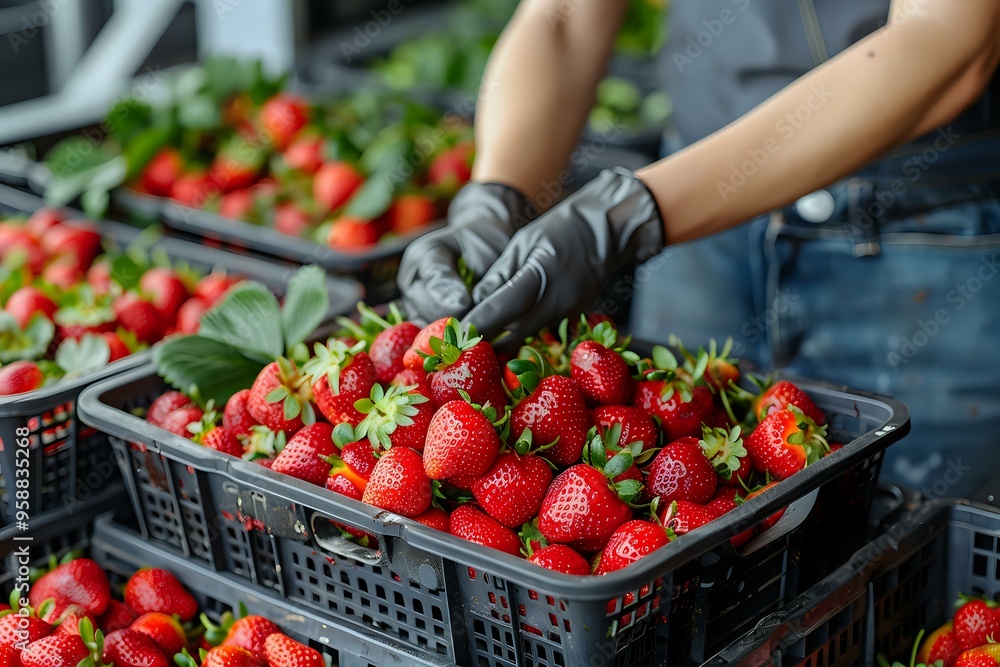 Farm workers harvesting fresh strawberries and placing them in crates, showcasing the process of organic farming and fresh produce. Ideal for themes of agriculture, healthy eating, and farm-to-table c Farm workers harvesting fresh strawberries and placing them in crates, showcasing the process of organic farming and fresh produce. Ideal for themes of agriculture, healthy eating, and farm-to-table c