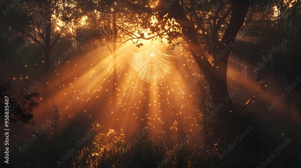Fototapeta premium Radiant Spider Web Illuminated by Sunlight Breaking Through Woodland Foliage