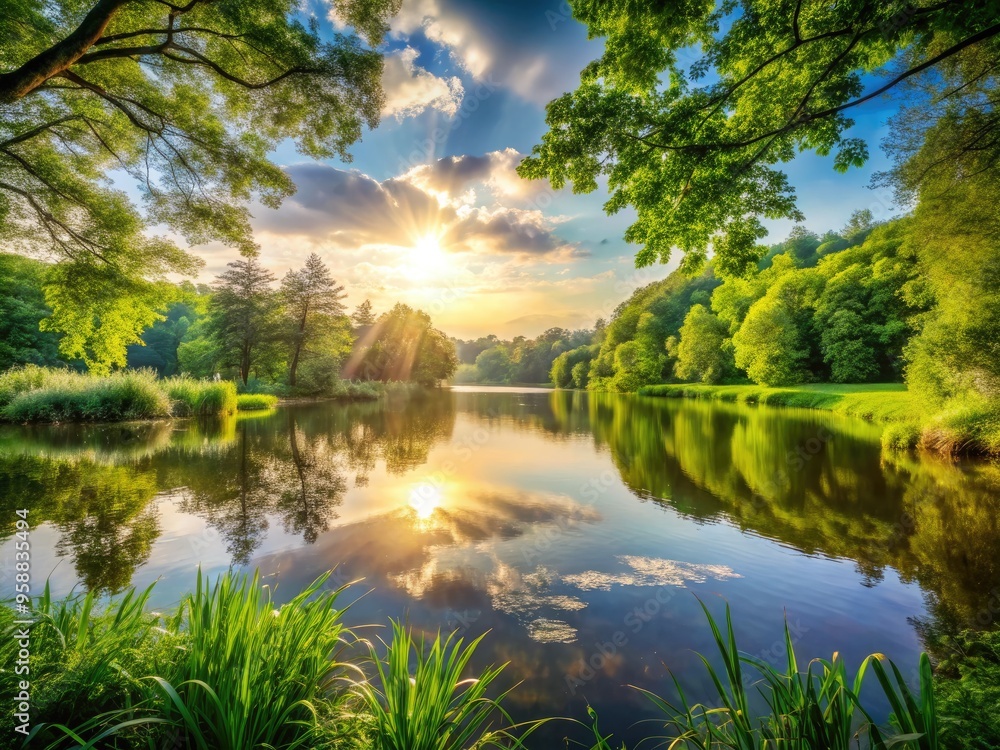 A Serene And Tranquil Landscape Featuring A Still Lake, Lush Greenery, And Soft Sunlight Creating A Calming Atmosphere In Nature. A Serene And Tranquil Landscape Featuring A Still Lake, Lush Greenery, And Soft Sunlight Creating A Calming Atmosphere In Nature.