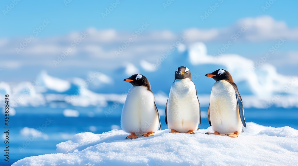 Obraz premium Three charming penguins stand together on an iceberg, surrounded by a breathtaking icy landscape and shimmering ocean waters.