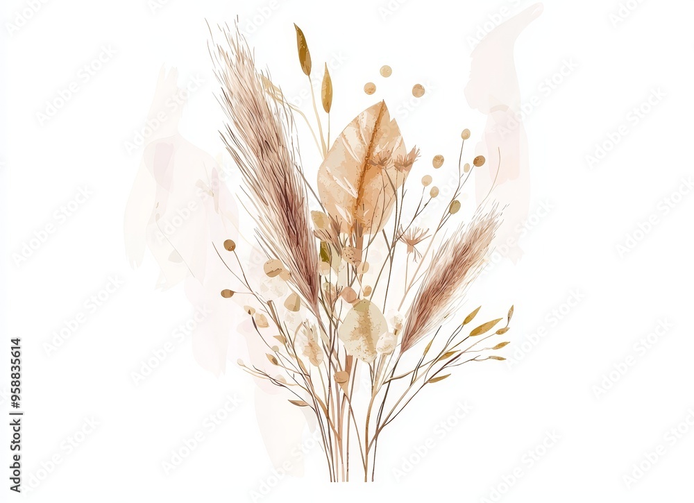 Fototapeta premium This watercolor poster features an illustration of dried leaves and tropical flowers in a Bohemian style