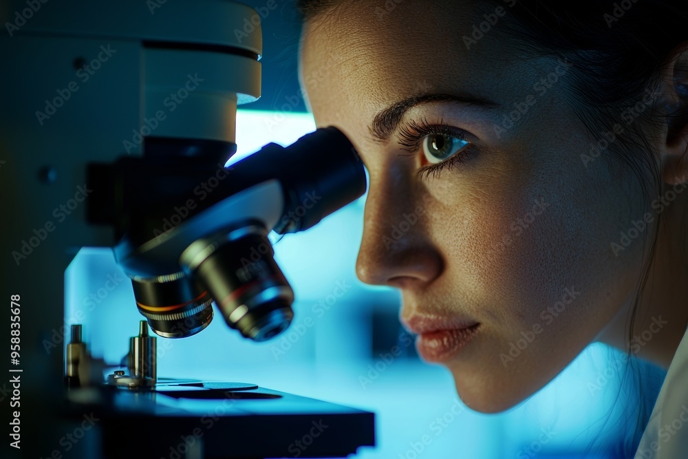 In rubber gloves and a lab coat, a serious young Indian chemical researcher sits at a table looking at a sample under a microscope In rubber gloves and a lab coat, a serious young Indian chemical researcher sits at a table looking at a sample under a microscope