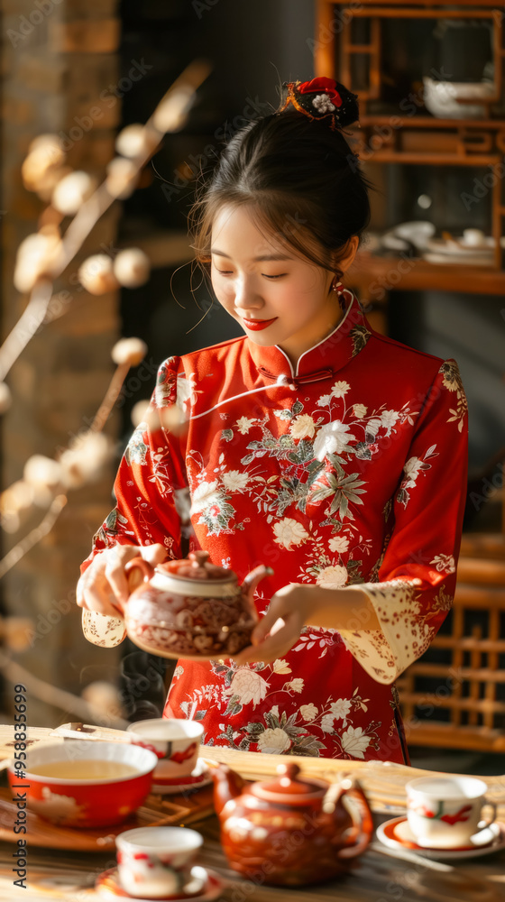 Obraz premium Elegant tradition: young woman in red cheongsam preparing tea in sunlit room