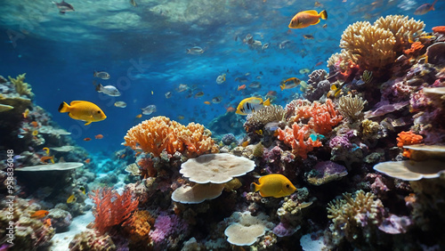 underwater world, where a coral reef flourishes with vibrant fish.