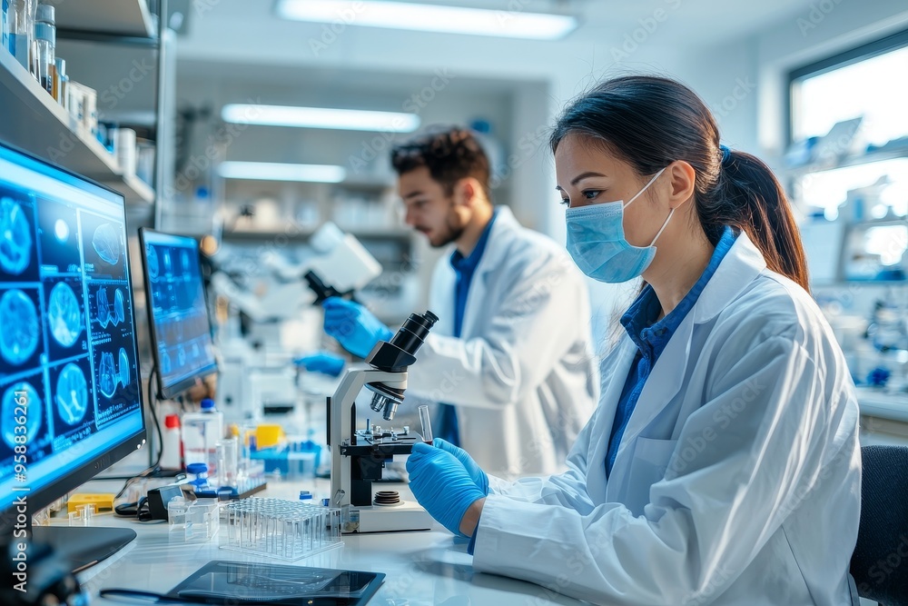 Research in science and medicine by a senior women scientist supervisor in a lab. Concepts of medicine and science at work. Research in science and medicine by a senior women scientist supervisor in a lab. Concepts of medicine and science at work.