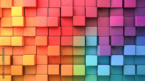 A colorful wall made of blocks with a rainbow pattern