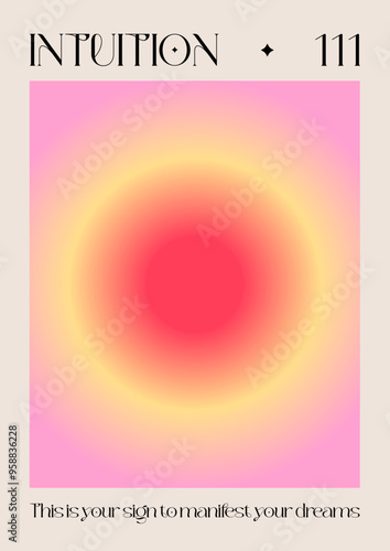 Modern abstract poster with Angel Numbers. Angel No 111 Intuition. Gradient aura, colorful and bright background, printable poster templates ready layout, trendy collection. Positive energy art