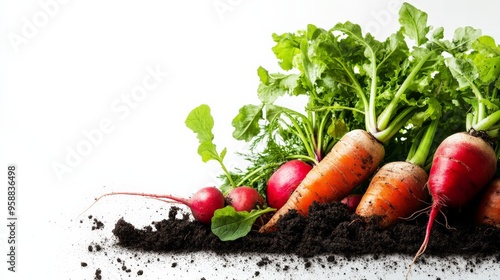 Freshly harvested carrots and radishes with greens and soil, showcasing farm-fresh produce on a white background. photo