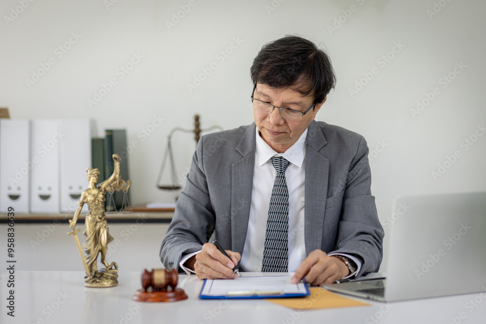 Portrait of mature asian notary public or lawyer working in the office,Male lawyer working at documents laptop in office. Portrait of mature asian notary public or lawyer working in the office,Male lawyer working at documents laptop in office.