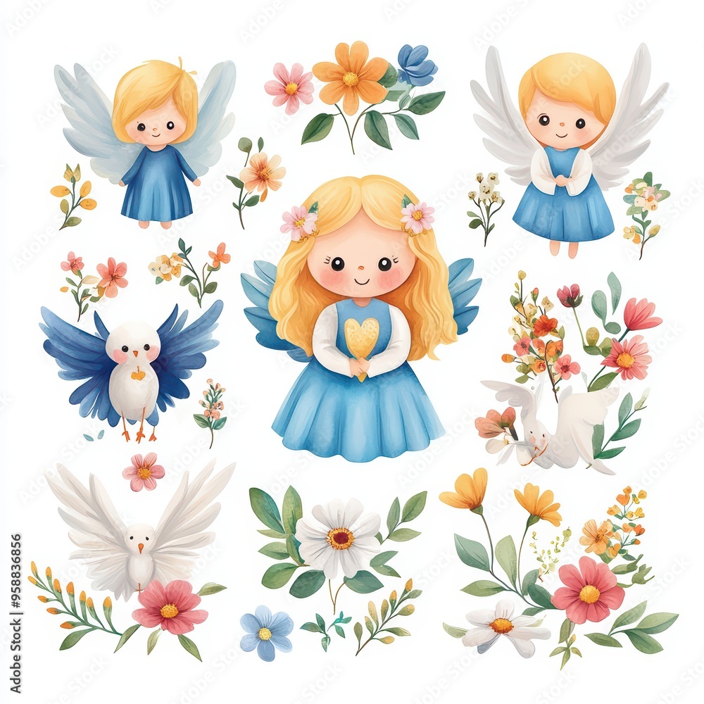 Whimsical angel illustrations adorned with flowers, perfect for children's book designs or charming decorations. Whimsical angel illustrations adorned with flowers, perfect for children's book designs or charming decorations.