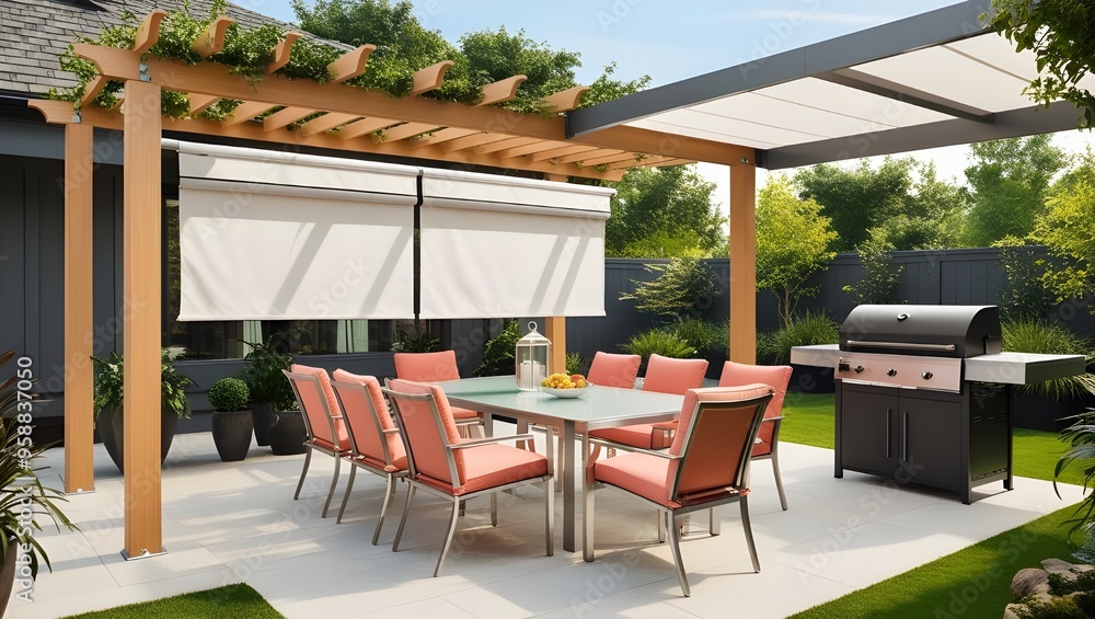 Fototapeta premium A cozy patio featuring a pergola and an inviting outdoor dining area, perfect for gatherings and relaxation