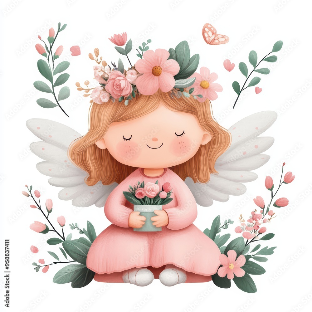 A charming angel holding flowers, surrounded by blooming greenery and soft pink petals, embodying serenity and joy. A charming angel holding flowers, surrounded by blooming greenery and soft pink petals, embodying serenity and joy.