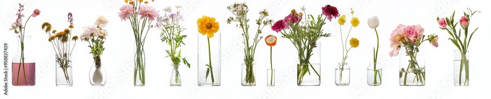 Obraz premium On a white background, a collage of aromatic fresh flowers in stylish vases