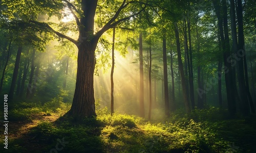 Sunbeams Through Tall Trees in a Foggy Forest