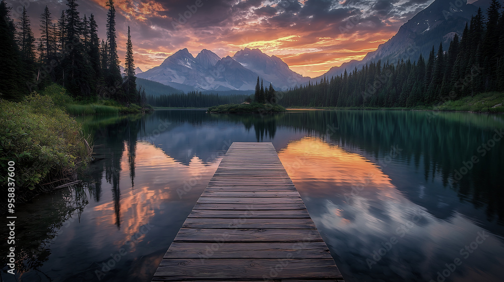 Tranquil Lake with Dock Leading to Island Surrounded by Misty Mountains at Sunset Tranquil Lake with Dock Leading to Island Surrounded by Misty Mountains at Sunset