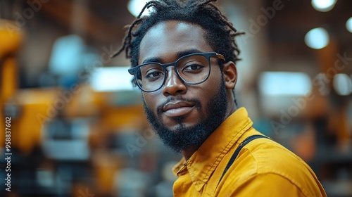 close up of young concentrated african american industrial man working on cutter indoors in metal workshop