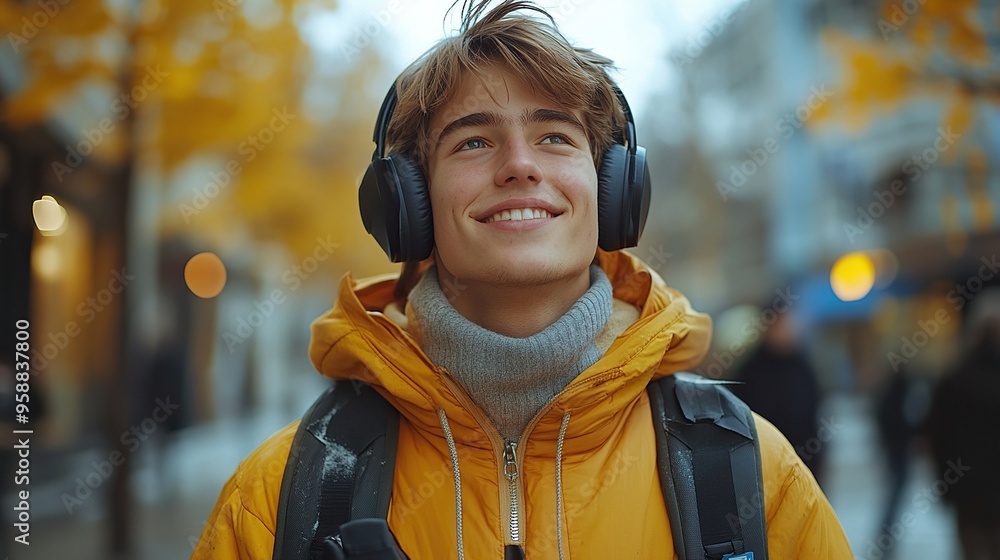 close up portrait of happy young man with down sydrome listening to music when walking in street close up portrait of happy young man with down sydrome listening to music when walking in street