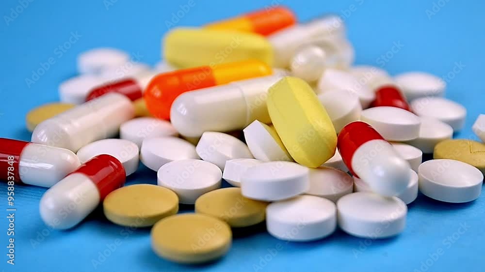 Close-up of various pharmaceutical pills in red, white, and yellow on a light blue surface, representing healthcare and medicine. Close-up of various pharmaceutical pills in red, white, and yellow on a light blue surface, representing healthcare and medicine.