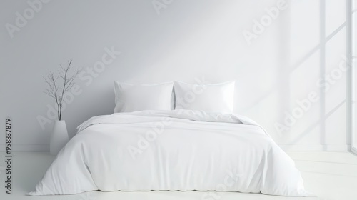 Simple white bed with crisp linens in a serene, sparsely decorated bedroom, evoking calm and minimalist comfort. photo